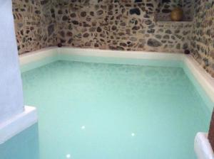 La salle de bains est pourvue d'une baignoire remplie d'eau bleue. dans l'établissement Le Presbytère, à Rivesaltes