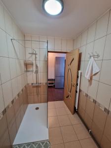 een badkamer met douche en glazen deur bij COM Home Floresti in Floreşti