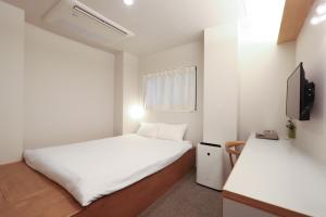 a small room with two beds and a tv at E10 Hostel in Tokyo