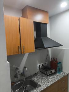 a kitchen with a sink and wooden cabinets at Chandigarh city centre in Zirakpur