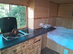 a kitchen with a sink and a stove in a tiny house at Belle's Belle-Vue in Thakeham