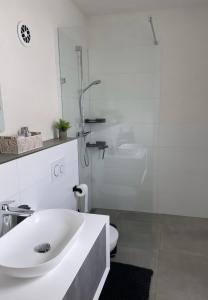 a white bathroom with a sink and a toilet at Ferienwohnung in der wunderschönen Eifel in Dankerath +14 photos