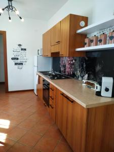 una cucina con mobili in legno e un piano di lavoro di La Dama di Fiori a Verolanuova