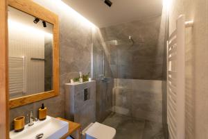 a bathroom with a shower and a toilet and a sink at Olesiówka in Nowy Targ +8 photos