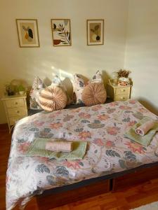 una camera da letto con un letto con cuscini sopra di Apartmán Eva a Liptovský Svätý Peter