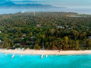 una vista aerea di una spiaggia con barche in acqua di Villa Palma Gili Meno - Private Pool - Adult Only a Gili Meno