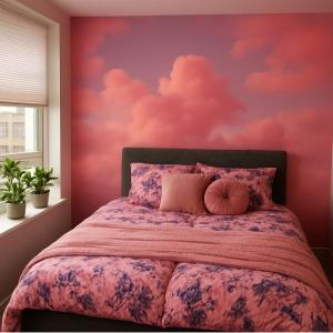 una camera da letto con un letto decorato con un murale raffigurante una nuvola rosa di Apartment J&S nr 77, blisko Aquapark Reda, Trójmiasto a Rumia