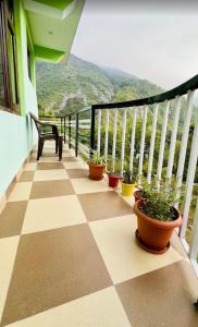a balcony with a checkered floor and potted plants at Green tree house in Dharmsāla