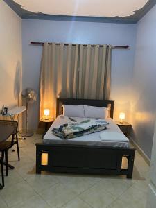 a bedroom with a bed with a curtain and lights at Merry in Kampala