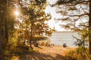 a picnic table on the shore of a lake at Matilda Villas, quality villas by the sea in the beautiful village of Mathildedal in Matildedal +21 photos