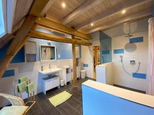 a bathroom with a sink and a shower at Hof Sorgenlos in Groß Gievitz +24 photos