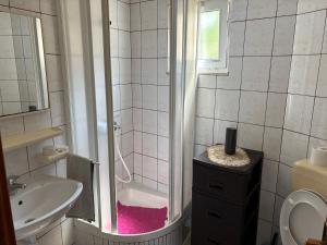 a small bathroom with a shower and a sink at Apartmani Kežić Drvenik in Drvenik +32 photos