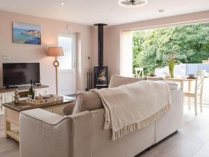 a living room with a couch and a tv and a table at Brook View Cottage in Pembrokeshire