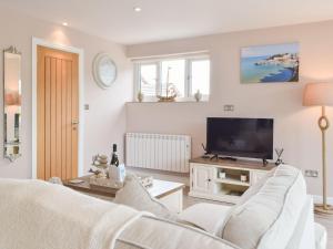 a living room with a white couch and a tv at Brook View Cottage in Pembrokeshire