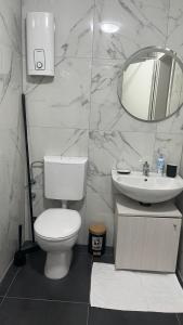 ein Badezimmer mit Toilette, Waschbecken und Spiegel in der Unterkunft Baadenbergerstay B in Köln