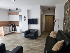 a living room with black furniture and a kitchen at Leski Raj in Lesko