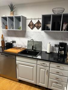 a kitchen with a sink and a counter at Gästewohnung Karin in Fjelby