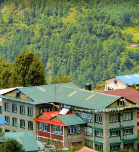 a group of buildings in front of a mountain at Everest hotel in Phāphlu