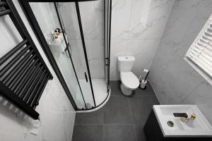 a bathroom with a shower and a toilet and a sink at 12 London Deluxe Studios in Streatham Vale