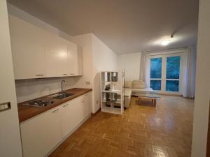 uma cozinha com armários brancos e uma sala de estar em Parkresidenz em Neheim-Hüsten