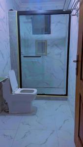 a bathroom with a toilet and a glass shower at Apparemment 2 chambres- Lemba Salongo in Kinshasa +1 photo