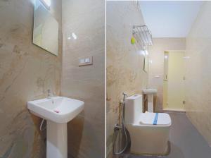 two pictures of a bathroom with a sink and a toilet at Estoria Hotel and Resort in Mysore