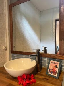 a bathroom with a white sink and a mirror at Thelazycoco in Blue Bay