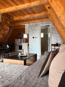 a bedroom with a large bed and a kitchen at Vila Vrela in Žabljak