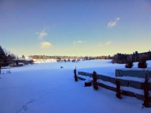 a field covered in snow with a fence at Ferienwohnung Waldlichtung in Simmersfeld