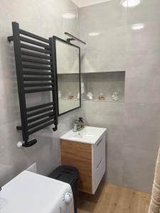 a bathroom with a sink and a mirror at MW 4A Apartament in Rzeszów