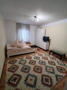 a bedroom with a bed and a rug on the floor at Casa Bucovina Dorna Candrenilor in Ascuţitele