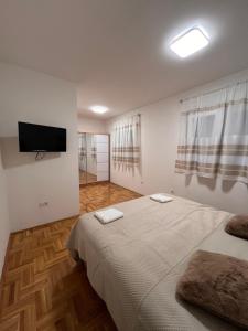 a bedroom with two beds and a flat screen tv at Apartman Luka in Cetinje