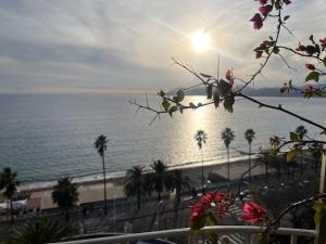 a view of a beach with palm trees and the ocean at Rocamare, la Vie est Belle! in Cannes