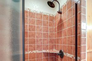 a bathroom with a shower with red tile at Papas Lakefront Hideaway in Chico