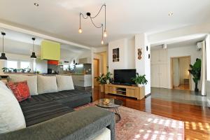 een woonkamer met een bank en een tv en een keuken bij EnVi Apartments in Murter