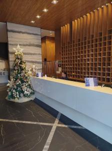 ein Weihnachtsbaum in der Lobby einer Bibliothek in der Unterkunft Edf Time - conforto e sofisticação in Maceió