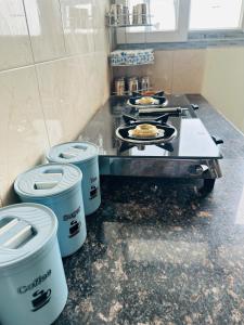 a kitchen with a stove and some pots and pans at Pitambar in Varanasi