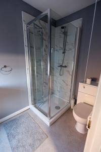 a glass shower in a bathroom with a toilet at Monk and Tipster in Towcester +16 photos