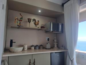 a kitchen with a counter with chickens on the wall at Boutique Inn - Serenity in Gordonʼs Bay