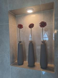 two vases with flowers in them on a shelf at Boutique Inn - Serenity in Gordonʼs Bay +1 photo