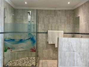 een douche met een glazen deur in een badkamer bij St Helena Bay Hotel in St Helena Bay +74 foto's