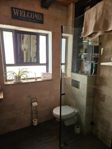 ein Badezimmer mit Toilette und Fenster in der Unterkunft Carmit Place in Haifa + 13 Fotos