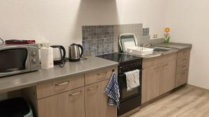 een keuken met een fornuis en een magnetron bij Wohnung am Bahnhof in Schmalkalden +11 foto's