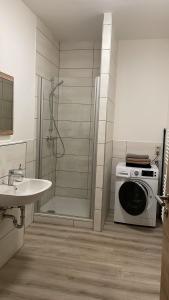 een badkamer met douche en wasmachine bij Wohnung am Bahnhof in Schmalkalden