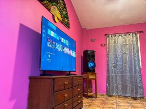 a tv on a dresser in a room with pink walls at Rancho Colibrí in Acajutla