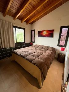 een slaapkamer met een groot bed in een kamer met ramen bij Cabaña en Barrio Privado de Potrerillos in Potrerillos
