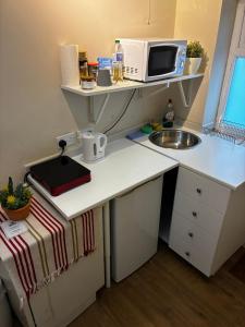 a small kitchen with a microwave and a sink at The Cozy Nook in Hanwell +1 photo