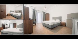 three pictures of a bedroom with two beds at Pensiunea EDY in Mangalia