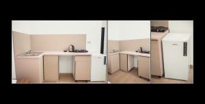 two pictures of a kitchen with a sink and a refrigerator at Pensiunea EDY in Mangalia