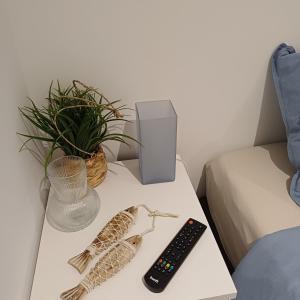 a table with a remote control and a plant on it at Casa Terra das Vinhas in Esposende